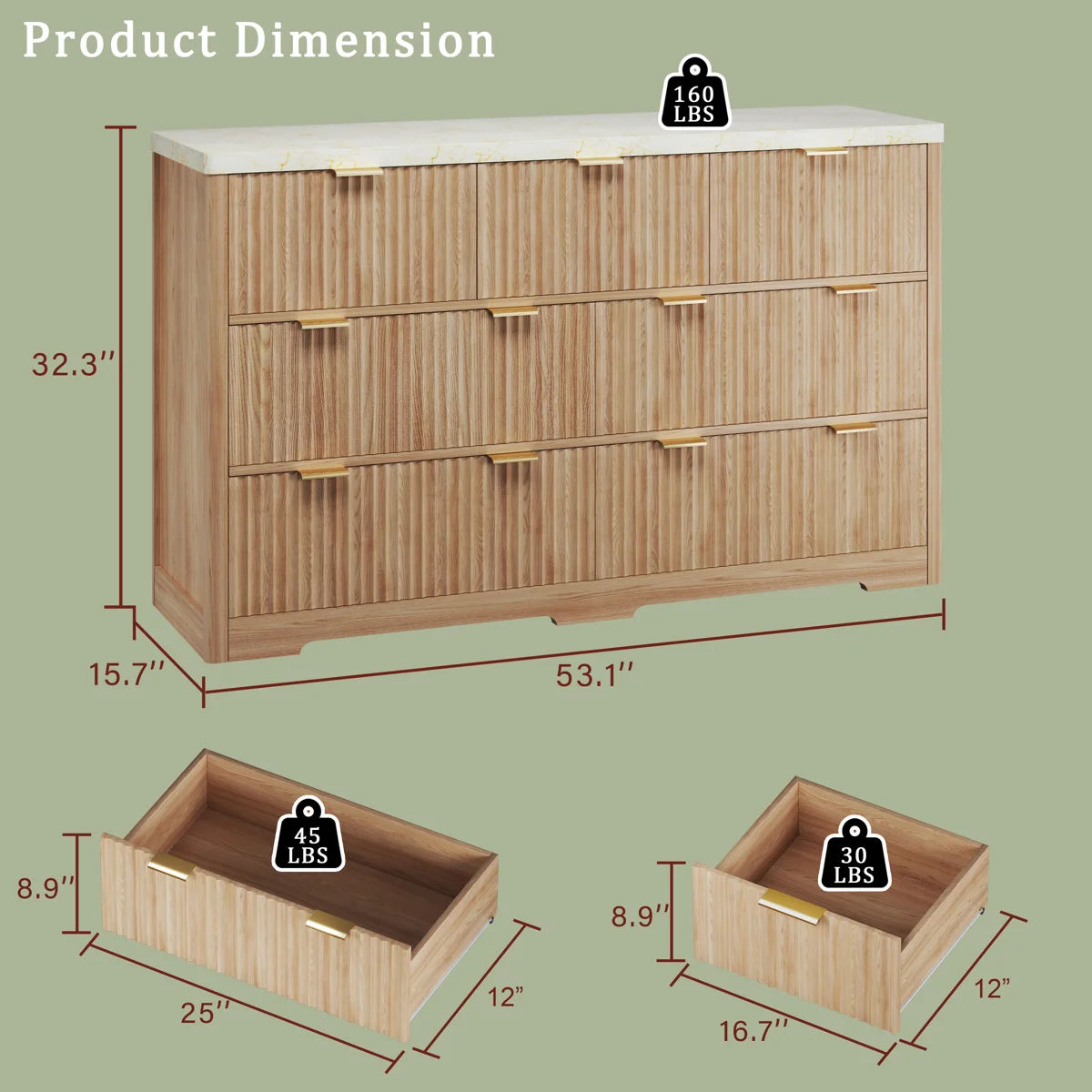 7-drawer Fluted Design Dresser Organizer, Wood Large Chest Of Drawers thumbnail 3